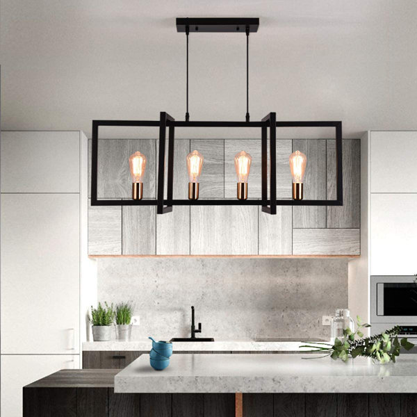 Modern Kitchen Island Light 4-Light Rectangular Chandelier Industrial  Hanging Pendant Light Fixture Matte Black With Antique Brass Finish