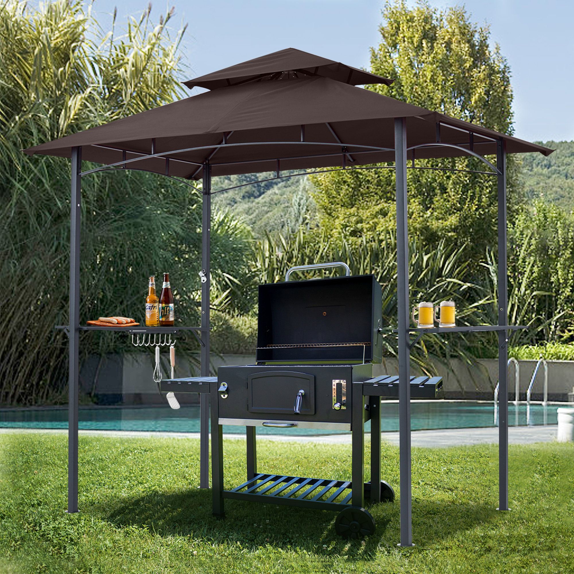 Brown ABCCANOPY 8x 5 Grill Gazebo Double Tiered Outdoor BBQ Gazebo Canopy with LED Light