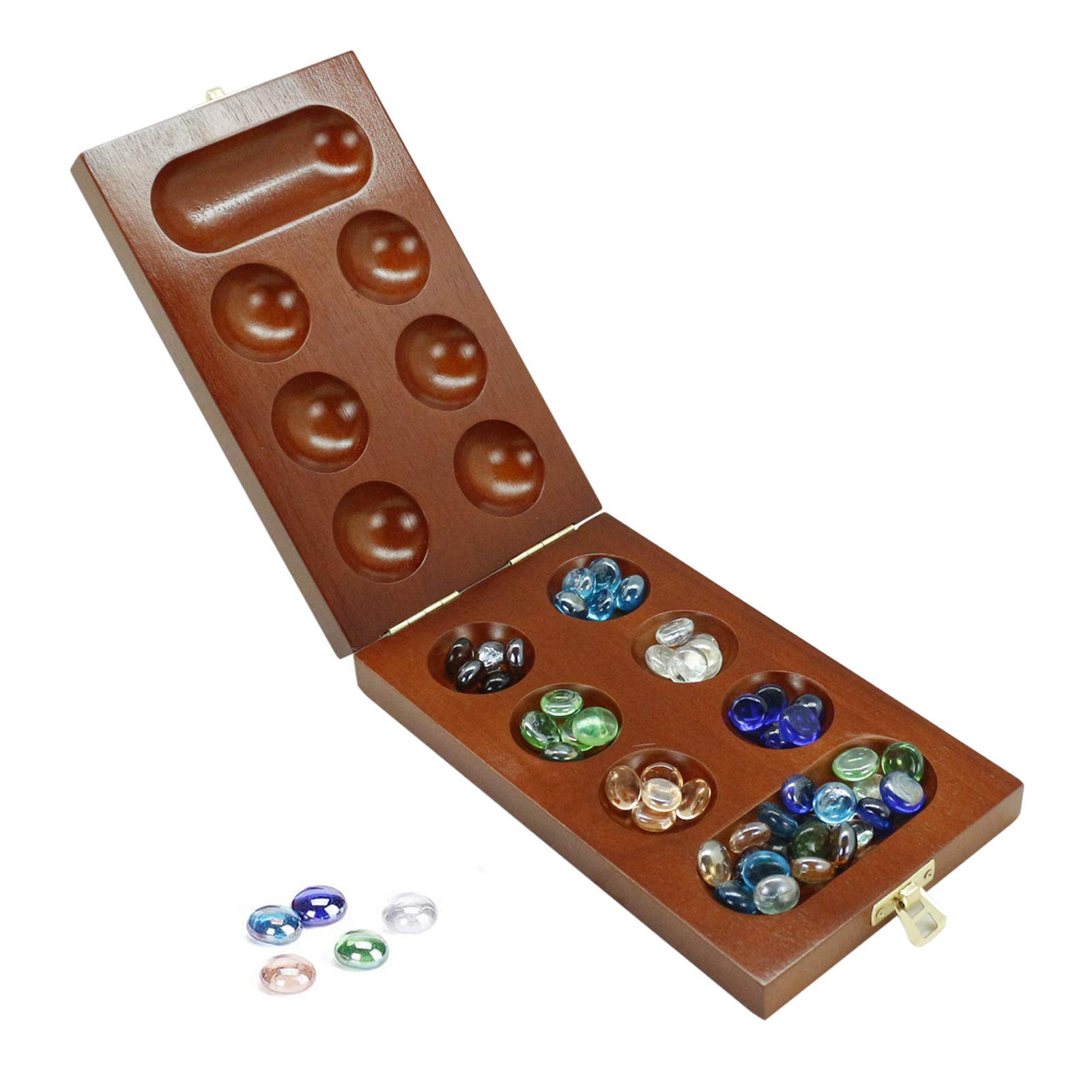 Champions Mancala Board Game Set With Folding Rubber Wood Board 48 Multi Color Glass Stones Portable Families Board Games Mancala Games Strategic Game For Kids Adult Wayfair