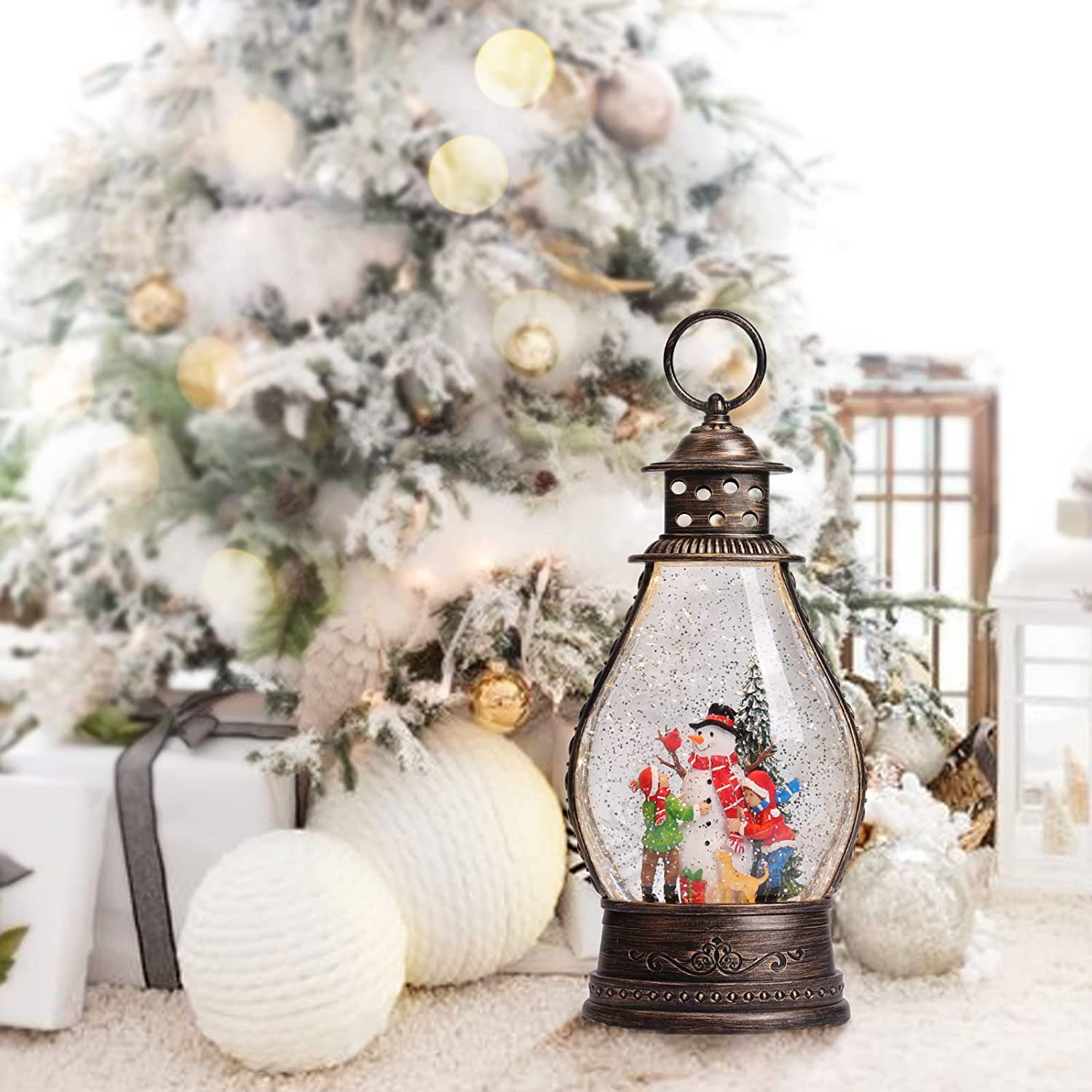 Red Battery Operated Lighted Swirling Glitter Water Lantern with Timer for Christmas Home Decoration Snowman Lucky Star Christmas Snow Globe Lantern with Music