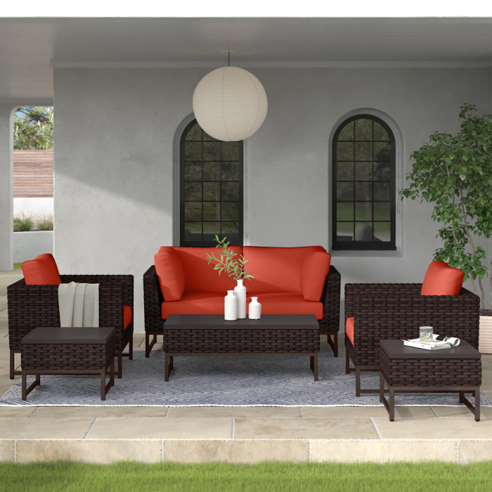 Joss and Main 7 Piece Rattan Sectional Seating Group with Cushions