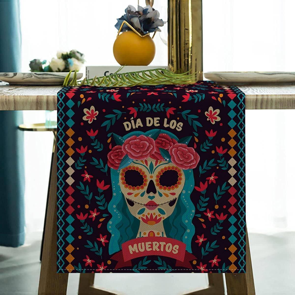 Mexican Day of The Dead Table Runner Mexico Dia De Los Muertos Colored Sugar Skull Floral Style Design Table Cover Wedding Dining Room Kitchen Indoor Outdoor Holiday Home Party Table Decoration 