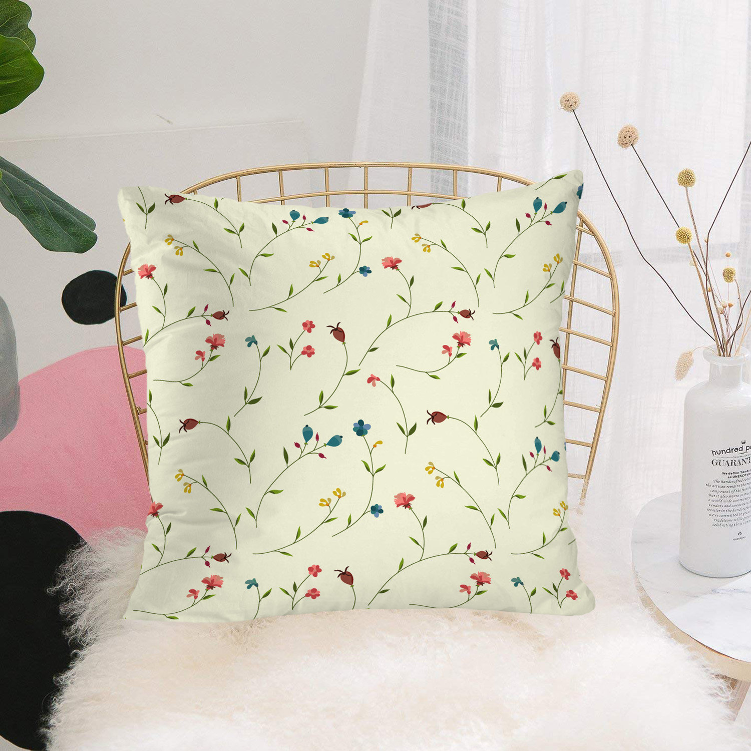 Set of 2 Batmerry Floral Flower Decorative Pillow Covers,Yellow Flower Green Vintage Small Leaf Double Sided Throw Pillow Covers Sofa Cushion Cover Square 18 x 18 Inches