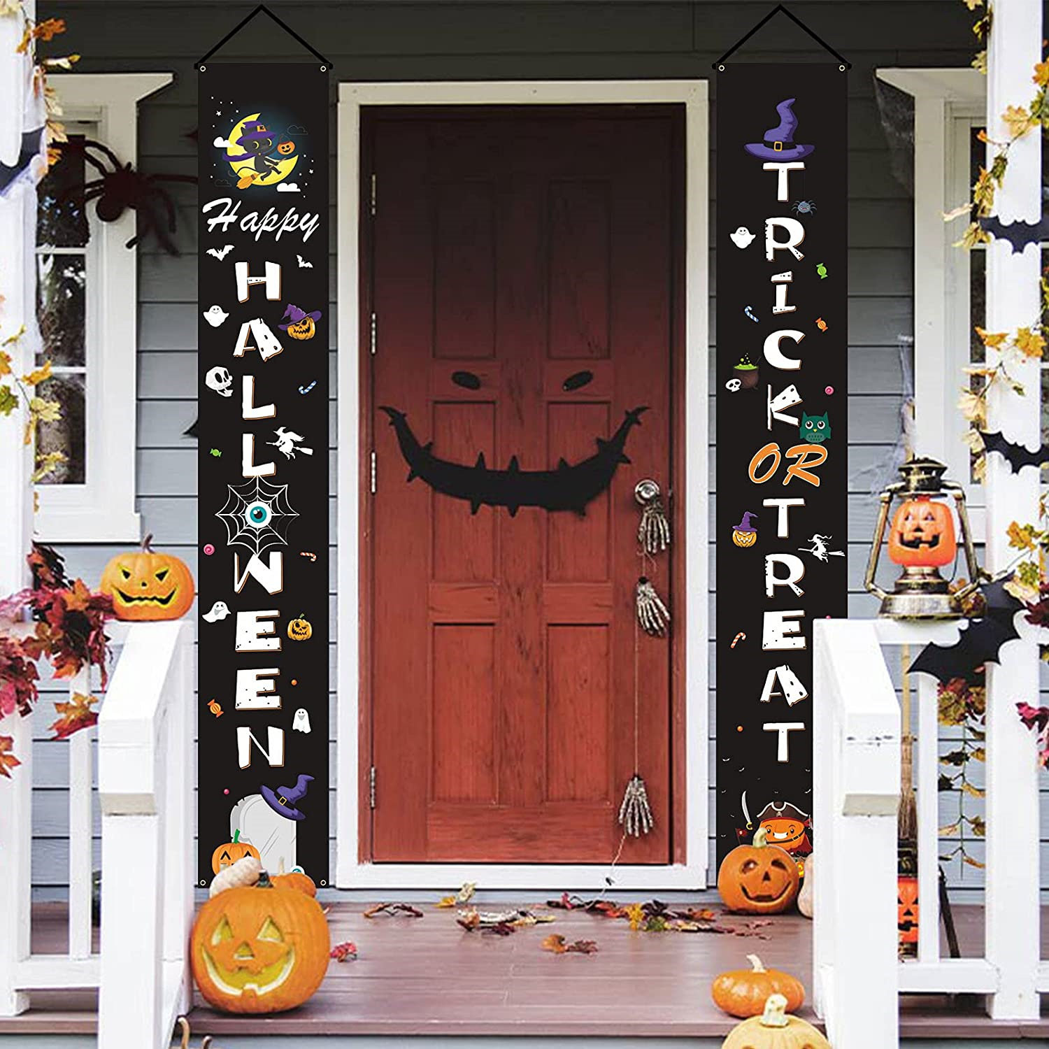 Halloween Porch Banner Decor for Home Wall Front Door Yard House Fireplace Indoor Outdoor Decoration Halloween Decorations Outdoor Door Sign Trick or Treat Hanging Welcome Signs for Halloween Party 