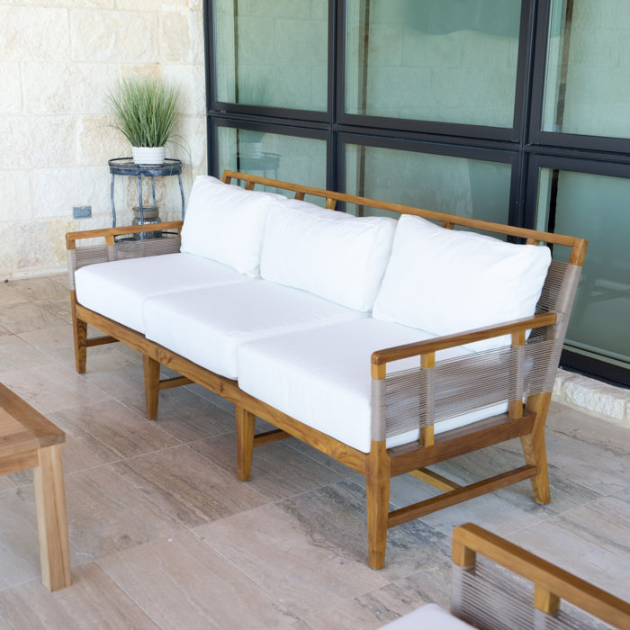 Rosecliff Heights Aldridge 86" Wide Outdoor Teak Patio Sofa with Cushions