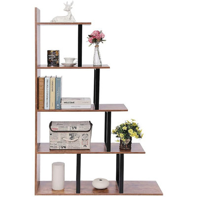 Ladder Bookshelf, 5-Tier Wood Corner Bookshelf, Rustic Ladder Shelf For Living Room, Bedroom, Home Office, Rustic Brown