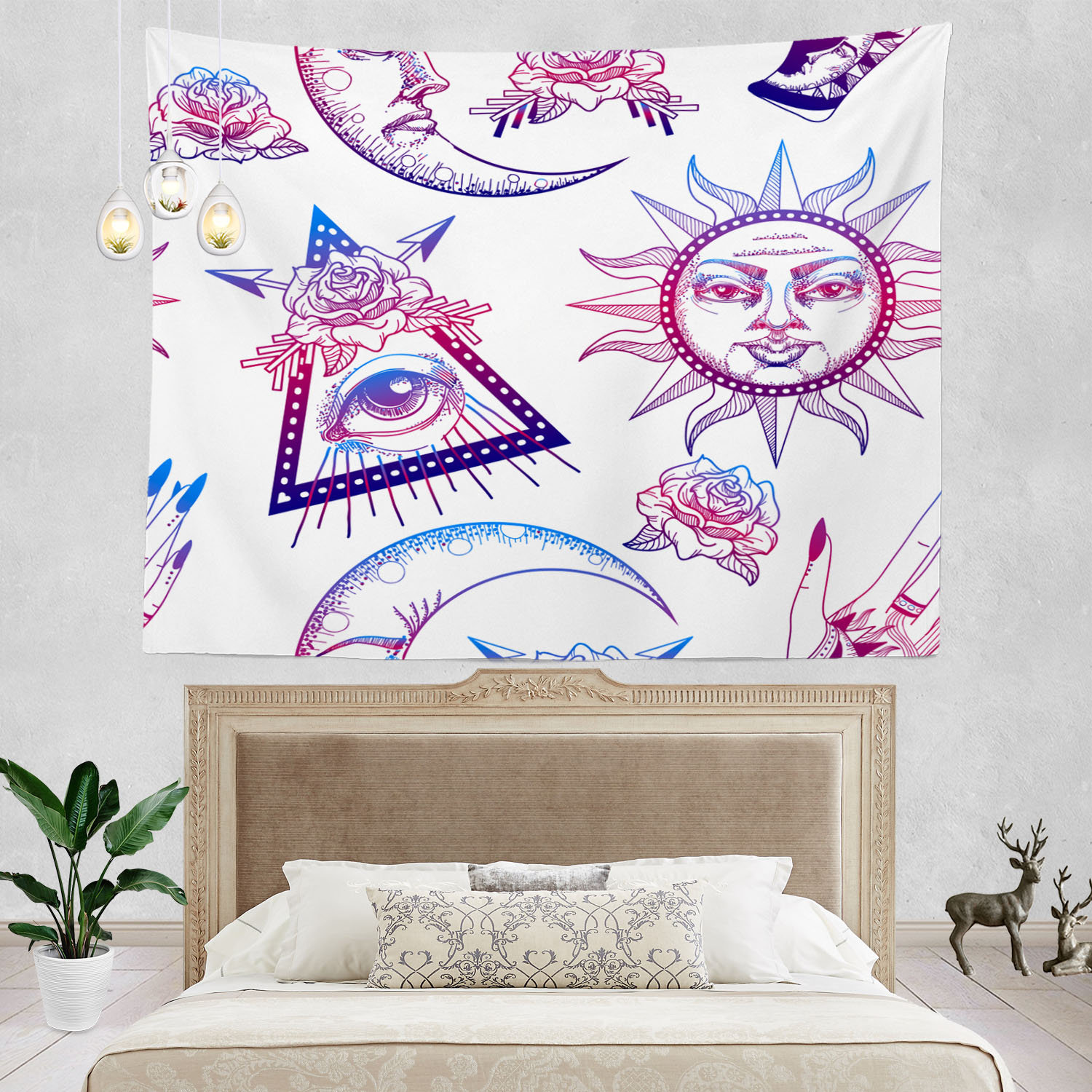 Sun Moon Tapestry Wall Hanging Psychedelic Hippie Mandala Bohemian Star Mystic Tapestry Night Sky Boho Decorative Polyester for Bedroom Living Rome Home Decor 51.2 x 59.1 Inches 
