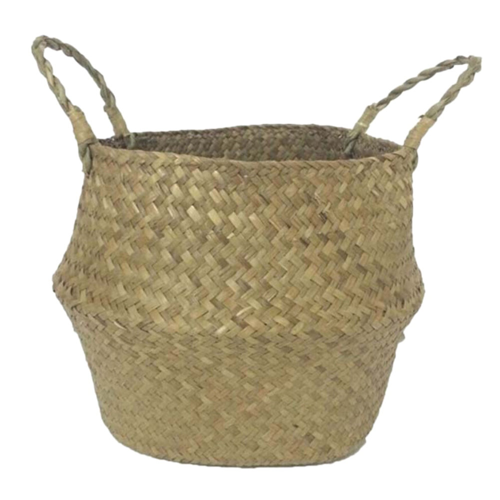 Seagrass Hand-Woven Flower Baskets,Weaving Foldable Nordic Style Big-Bellied Straw Woven Storage Bucket Toy Sundries Clothes Plants Basket for Home Grey S