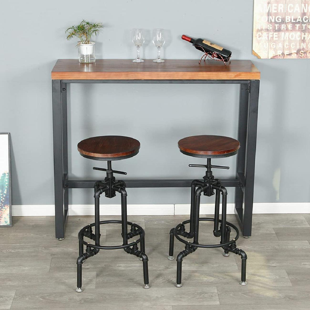 Antique Industrial Design Metal Adjustable Height Bar Stool Kitchen Counter Chair Natural Wooden Barstools For Kitchen Island Industrial Style Black