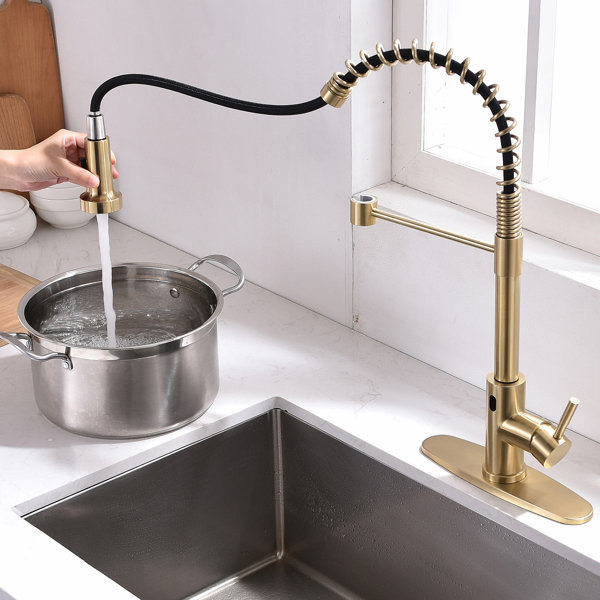 360 Degree Kitchen Faucets Commercial Solid Brass Single Handle Single  Lever Pull Down Sprayer Brushed Gold in , Brushed Gold