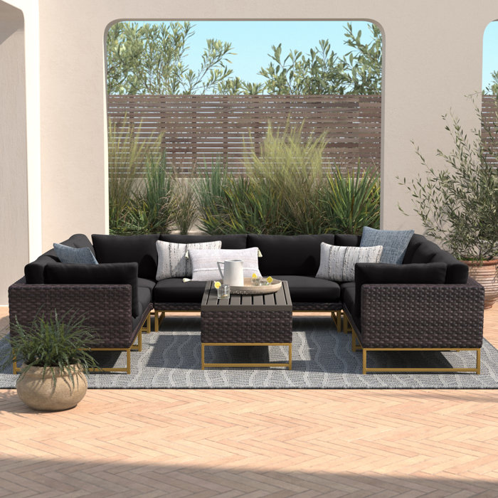 Joss and Main 9 Piece Rattan Sectional Seating Group with Cushions