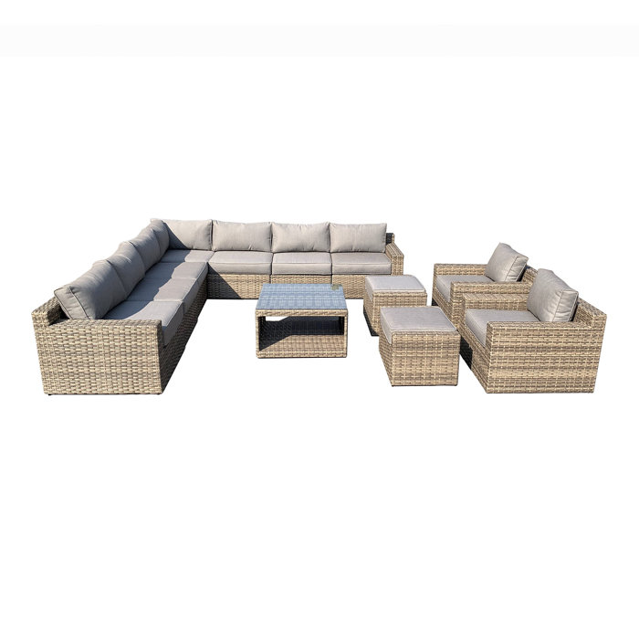 Latitude Run Modale 12 Piece Rattan Sectional Seating Group with Cushions
