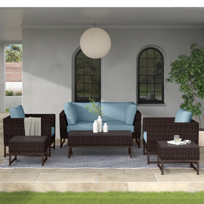 Joss and Main 7 Piece Rattan Sectional Seating Group with Cushions