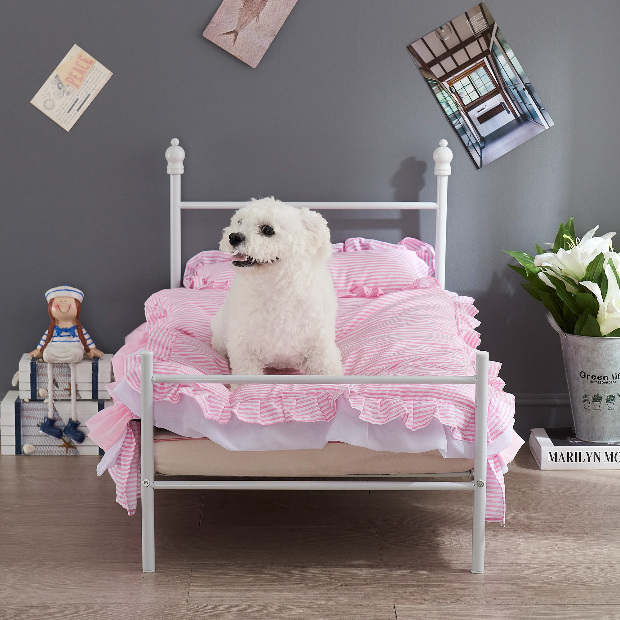 white dog bed frame