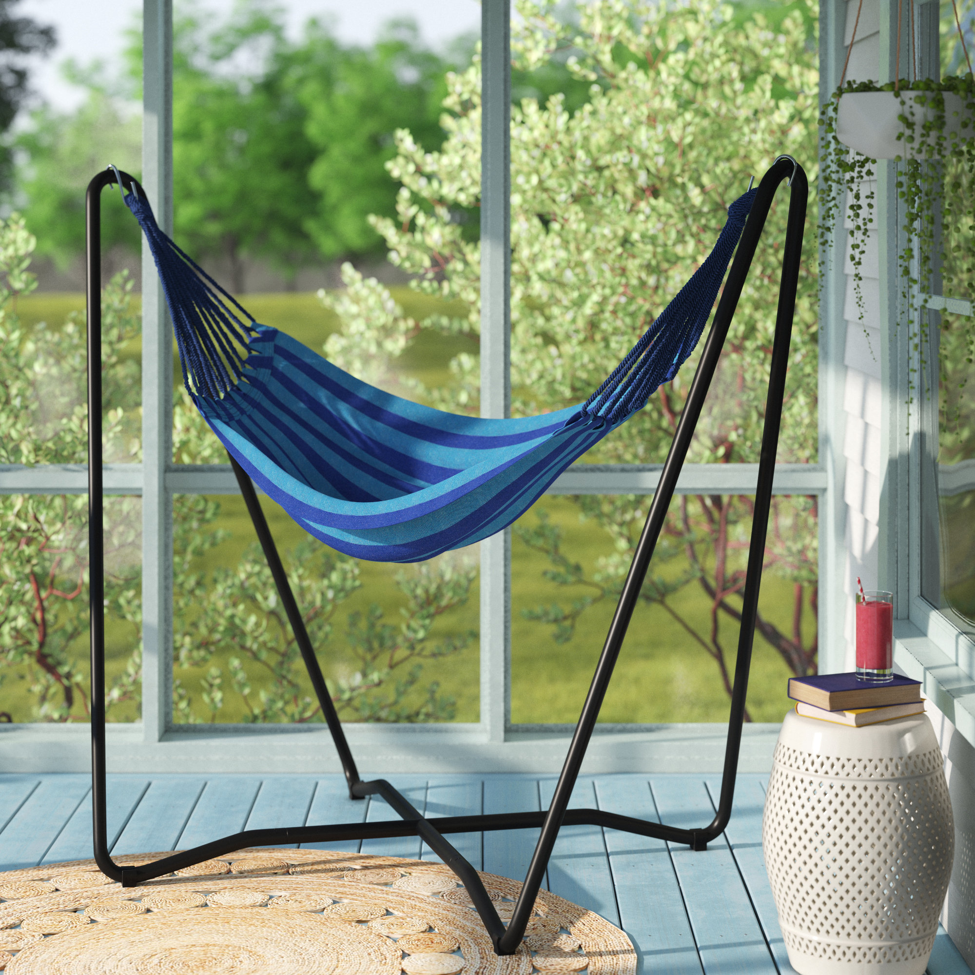 Details about  / Fast Furnishings Portable Blue Green Stripe Cotton Hammock with Metal Stand a...