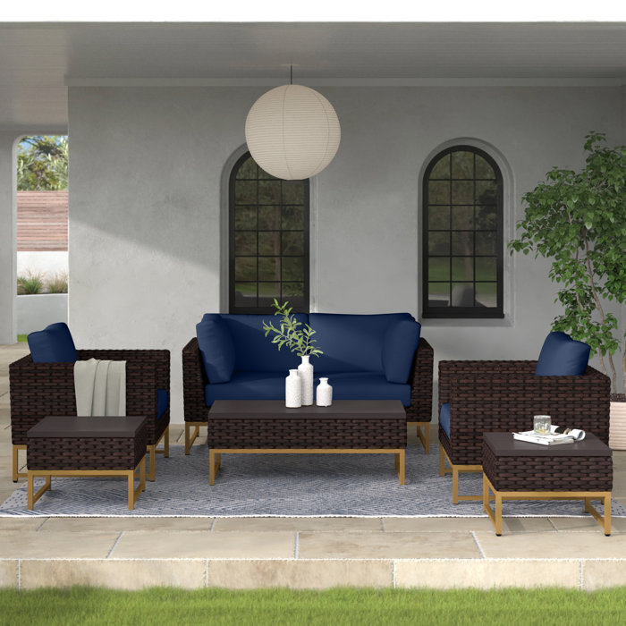 Joss and Main 7 Piece Rattan Sectional Seating Group with Cushions