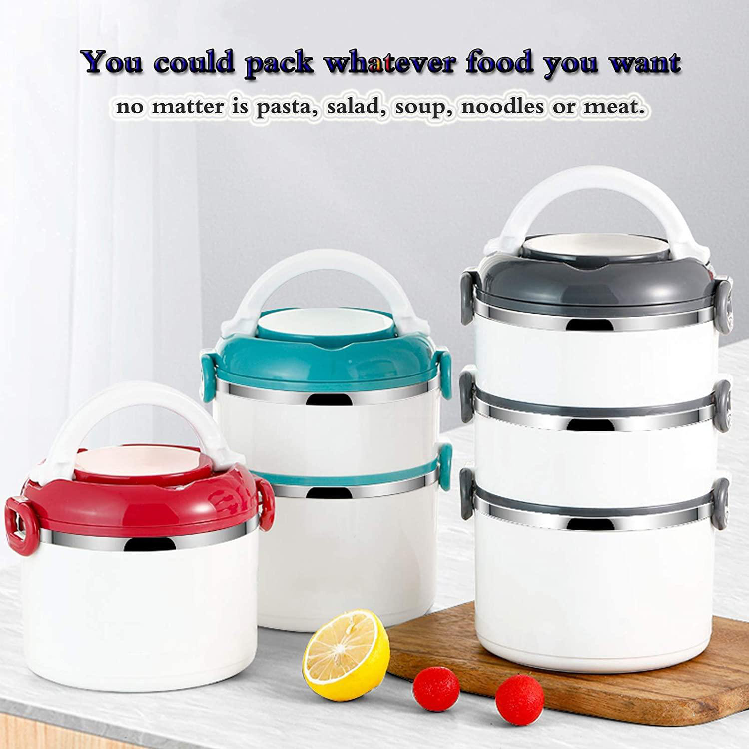 Bento Lunch Box Stackable Stainless Steel Thermos Leakproof 3 Layer Fork/Spoon 