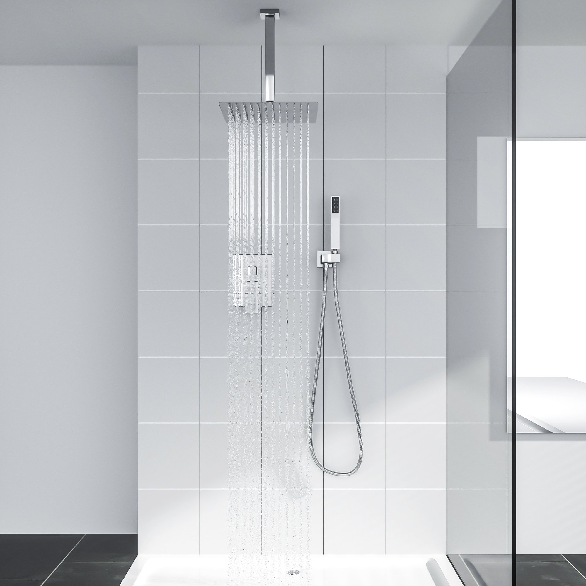 12 Inch Shower System Matte Black Rain Shower Faucet Set Valve and Trim Include Wall Mounted Rain Mixer Shower Combo Set with High Pressure Rainfall Shower Head System