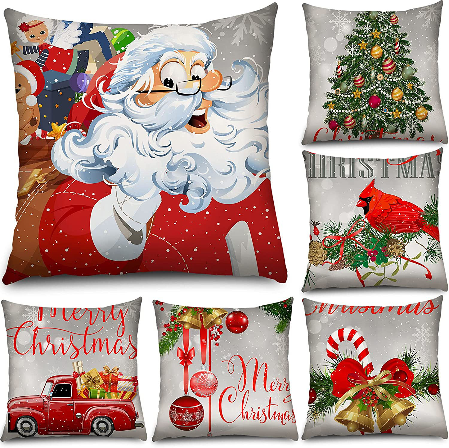 18 x 18 Inches 6 Pieces Christmas Throw Pillow Covers Merry Christmas Decorative Cushion Covers Christmas Truck Snowflake Colorful Buffalo Plaid Pillowcase Cushion Covers for Holiday Home Decor 
