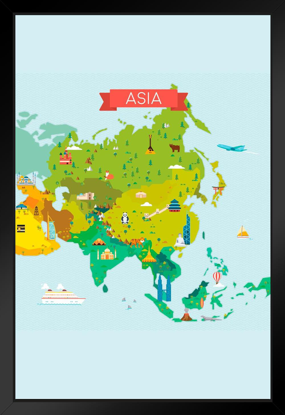 Trinx Map Of Asia Illustrated Icons Classroom Black Wood Framed Art ...