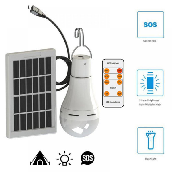 Solar Light Bulb 9W Rechargeable Led Bulb Solar Powered Light with Remote Timer Light Sensor 4 Light Mode for Outdoor Chicken Coops Shed Hiking Camping Emergency Pet House Patio Eave 250-350LM 