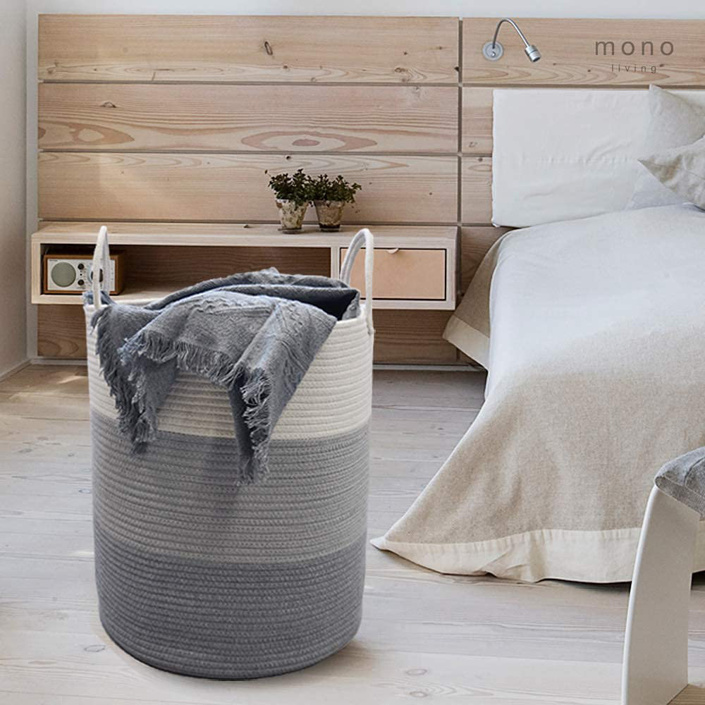 Tall Gray White Cotton Rope Laundry Basket for Girls Mono Living Boho Decor Organizing Nursery Rope Basket for Storage Baby Toy Room Bedroom Organizers and Storage Soft Modern Wide Laundry Basket Tall Gray White Cotton Rope Laundry Basket for Girls Mono Living Boho Decor Organizing Nursery Rope Basket for Storage Baby Toy Room Bedroom Organizers and Storage Soft Modern Wide Laundry Basket
