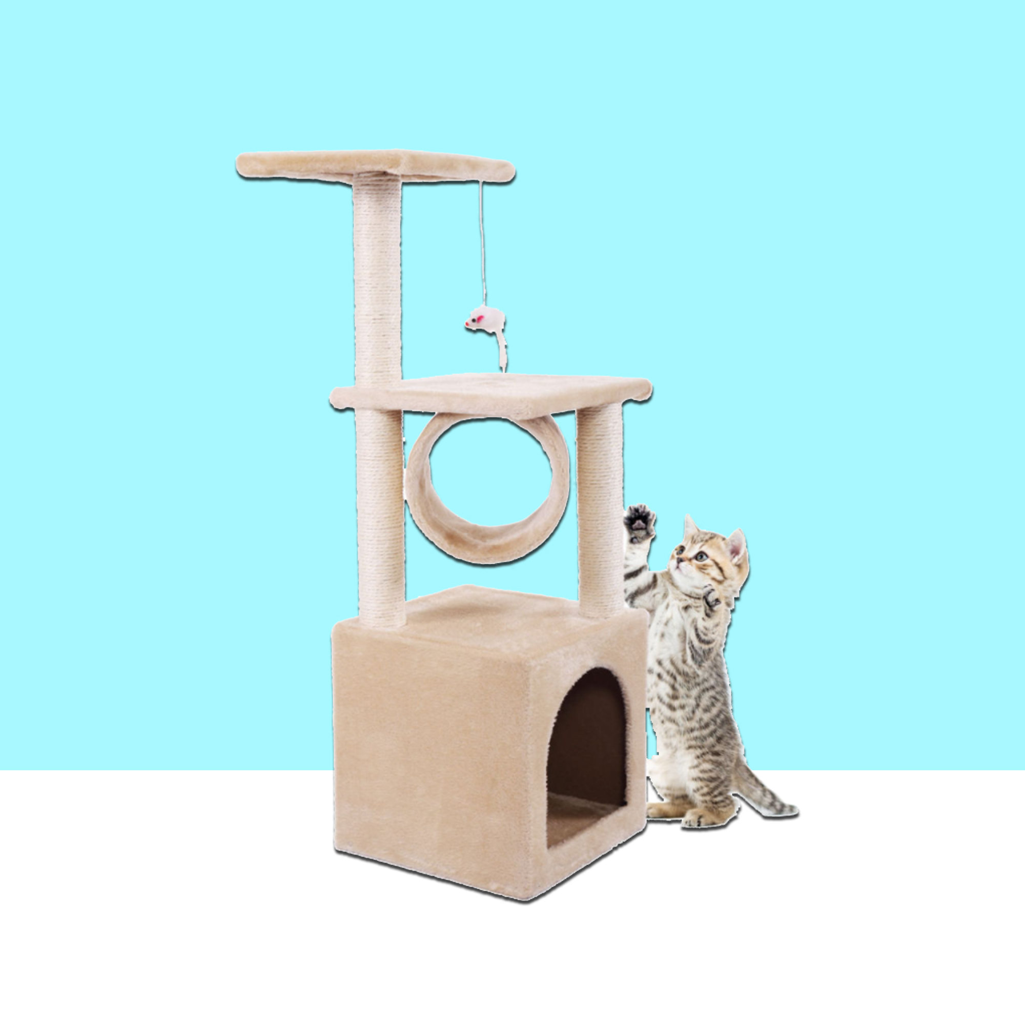 Carpet Cat Furniture Mini Cat Tree with Cradles Tube & Sisal Scratching Poles 