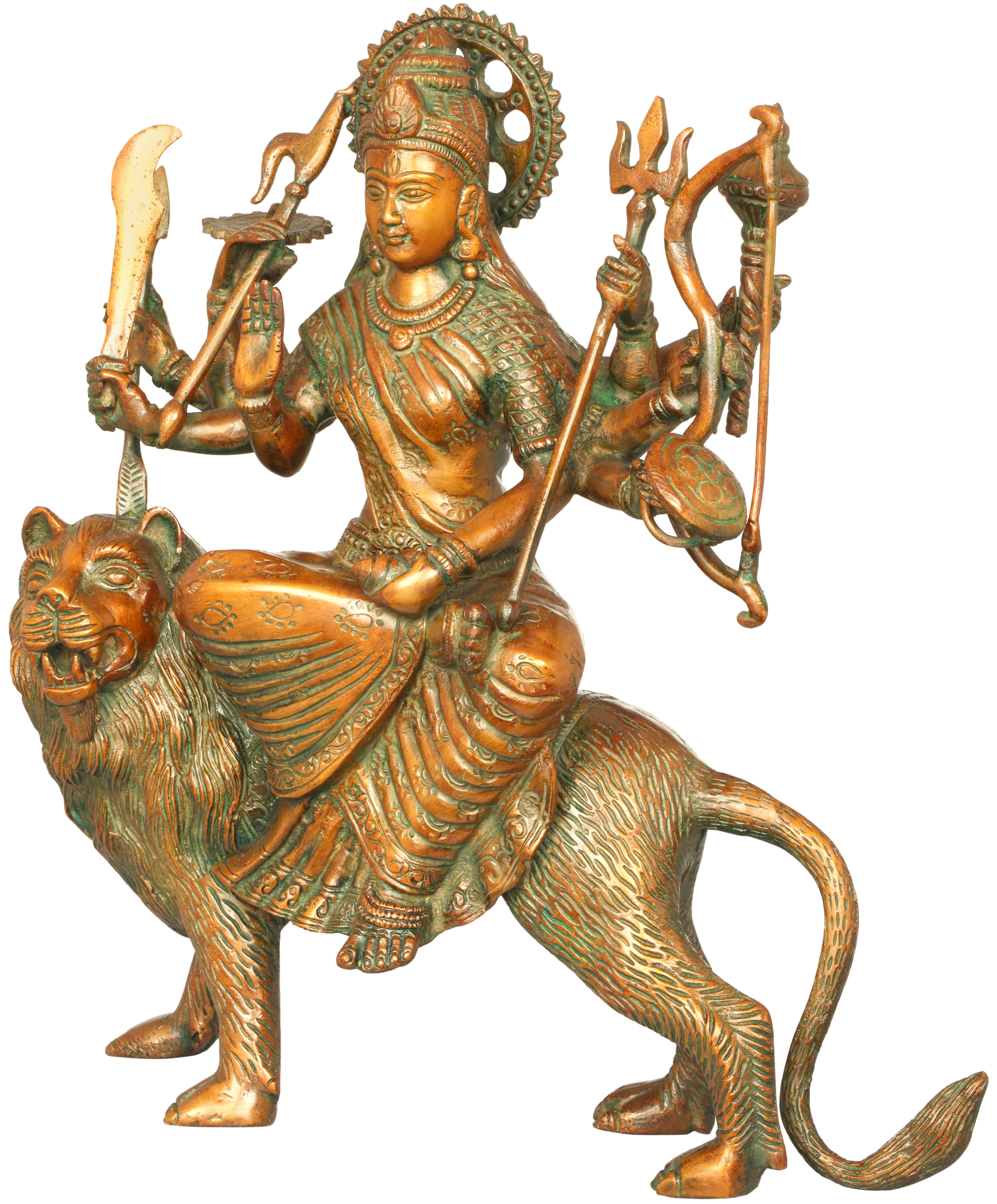 Exotic India Mother Goddess Durga Seated on Lion Brass Statue