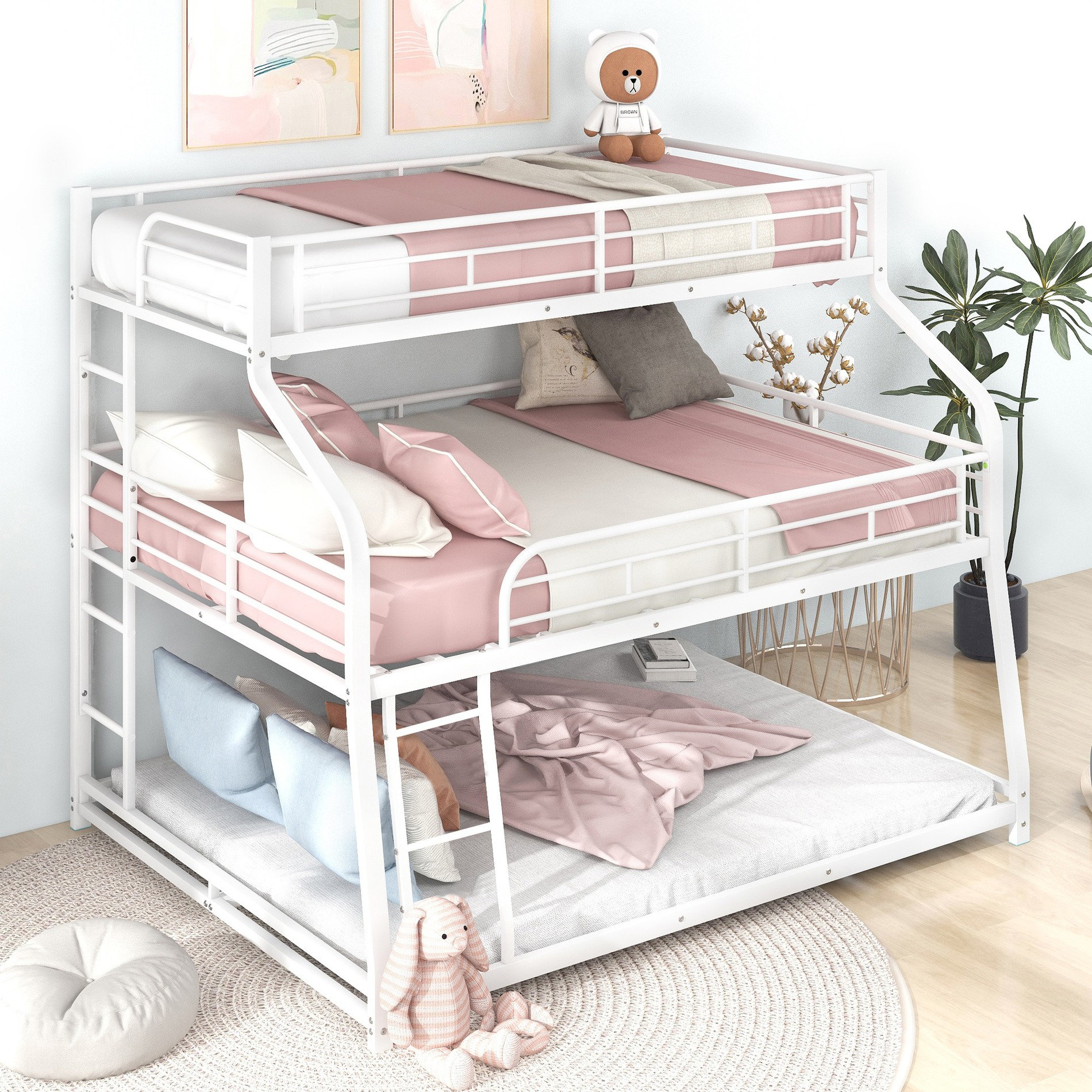 Details about   Twin Over Twin Bunk Bed Metal Bed Frame w/Ladder Guardrails Kids Bedroom Brown 