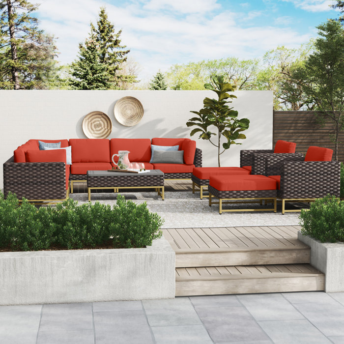 Joss and Main 13 Piece Rattan Sectional Seating Group with Cushions