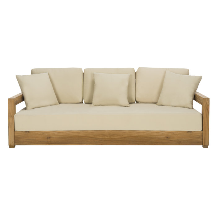 Joss and Main Ortega 76.8" Wide Outdoor Teak Patio Sofa with Cushions