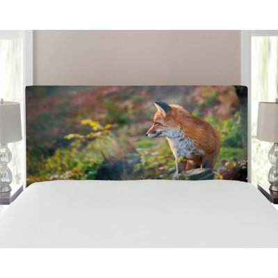Ambesonne Fox Headboard, Young Red Fox Listening To Something In Woodland Forest Wildlife Predator, Upholstered Decorative Metal Bed Headboard With Me
